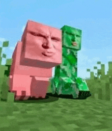 a pink pig and a green creeper are standing next to each other in a field in a minecraft video game .