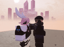 a girl with pink hair and bunny ears is standing next to a man with a gun