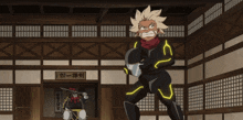 a man in a black suit is holding a sword in front of a sign that says ' samurai '