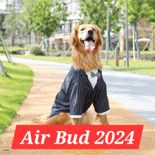 a dog wearing a suit and tie sits on a sidewalk next to a sign that reads air bud 2024