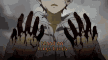 a boy is holding bloody hands with the words blood on kings hands below him