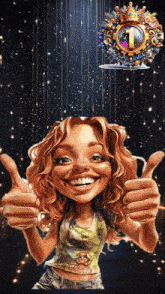 a cartoon of a woman giving a thumbs up in front of a number 1