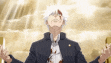 a man with white hair is standing in front of a cloudy sky with his hands outstretched .