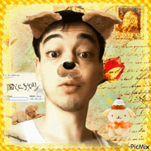 a picture of a man with a dog 's nose and the word love you on the bottom right