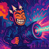 a cartoon drawing of a man with a crown on his head holding a cannon