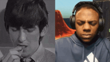 a man wearing headphones next to another man wearing a blue adidas sweatshirt