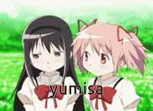 two anime girls are standing next to each other with yumisa written on the bottom right
