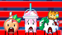 three cartoon characters are standing next to each other on a red and blue background including a peach a strawberry and a cookie
