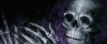 a skeleton is holding a skull in its hands in a dark room .