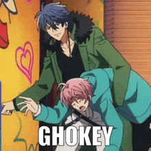 a couple of anime characters are standing next to each other with the word ghokey written on the bottom