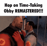 a cartoon of two men with the words hop on time-taking obby remastered
