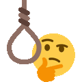 a thinking smiley face with a noose around its neck .