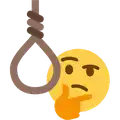 a thinking smiley face with a noose around its neck .