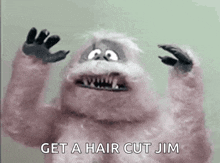 a stuffed animal with sharp teeth and claws is asking for a hair cut .