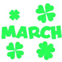 the word march is surrounded by four green clovers