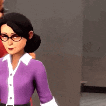 a woman wearing glasses and a purple shirt is standing in a room .