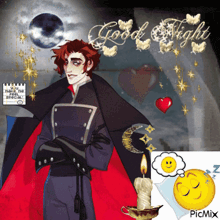 a picture of a man with a candle and a note that says good night