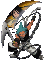 a cartoon character with a blue star on his head is holding a scythe and chains
