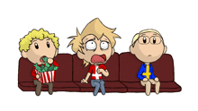 a cartoon of three people sitting on a couch with one wearing a red shirt with a cross on it