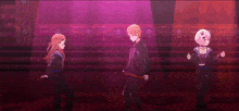three anime characters are dancing together on a stage in a dark room .