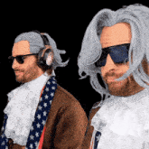 two men wearing wigs and sunglasses are standing next to each other and one has headphones on
