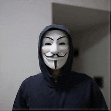 a man wearing a hooded jacket and a anonymous mask is standing in a room .