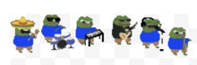 a pixel art of a group of frogs playing different instruments .