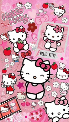 a collage of hello kitty characters on a pink background with the words hello kitty