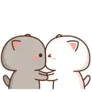 a couple of cats kissing each other with hearts flying in the air .