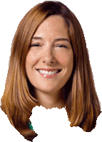 a woman with red hair and freckles is smiling with a white background