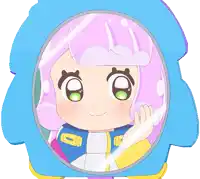 a cartoon character with pink hair and green eyes