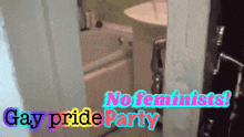 a picture of a bathroom with the words " no feminists gay pride party "