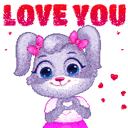 a cartoon bunny making a heart shape with her hands and the words love you above her