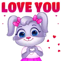 a cartoon bunny making a heart shape with her hands and the words love you above her