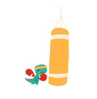 a cartoon dinosaur wearing boxing gloves is standing next to a punching bag