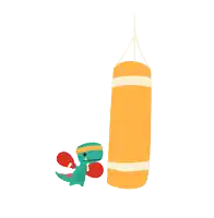 a cartoon dinosaur wearing boxing gloves is standing next to a punching bag