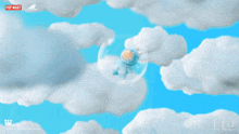 a blue stuffed animal is floating in a bubble in the sky with a pop mart logo in the background