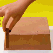a person is cutting a piece of chocolate cake