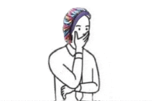 a black and white drawing of a woman wearing a bonnet covering her mouth .