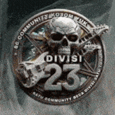 a skull with a guitar in a circle with the number 23 on it .