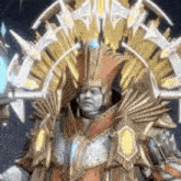 a man in a costume with a crown on his head is holding a sword in a video game .