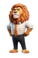 a cartoon lion wearing a white shirt and tie stands with his hands on his hips