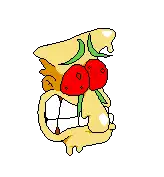 a pixel art drawing of a cartoon character with strawberries in his eyes