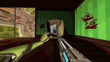 a video game shows a robot holding a gun