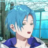 a boy with blue hair and green eyes is talking in a video game .