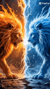 two lions , one fire and one water , are standing next to each other and looking at each other .