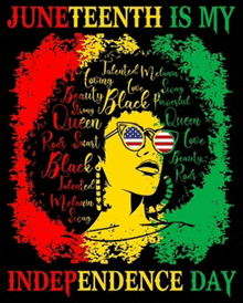 a poster for juneteenth is my independence day with a woman wearing american flag sunglasses .
