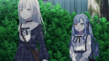 two anime girls are standing next to each other in a forest