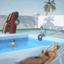 a man sits on the edge of a swimming pool while a boy swims in the water