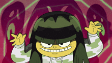 a cartoon of a girl with long hair and a hoodie